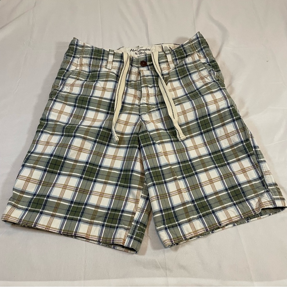 Abercrombie & Fitch Mens Plaid Cargo Shorts Green Blue White Size 30 Button Fly‎